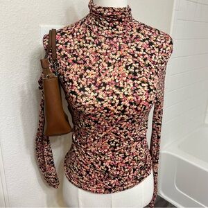 H&M pink yellow floral turtleneck long sleeve top flowers spring pattern cottage